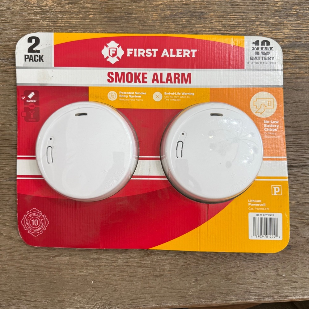 First Alert 10 Year Battery Smoke Alarm 2 Pack Photoelectric Slim P1210CP2 White